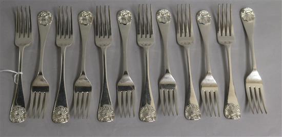 A set of twelve early Victorian silver Old English shell patter table forks, by Mary Chawner, London, 1837.